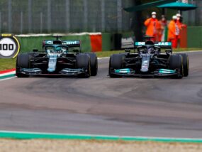 Sir Lewis Hamilton, Mercedes W12, battles with Lance Stroll, Aston Martin AMR21